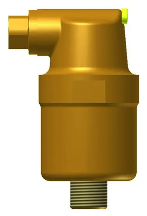 Schnellentlüfter in goldener Farbe mit einem seitlichen Anschluss. Produkt von IMI Hydronic Engineering zur Entlüftung von Heizungsanlagen.
